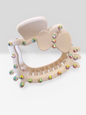 Beige Bow Hair Claw with Multicolor Rhinestones for Kids